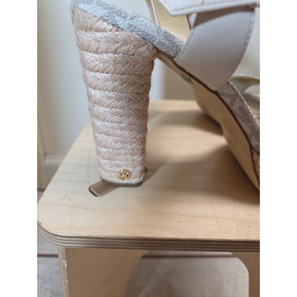 Michael Kors MK Logo Espadrille Platform Sandals White Cream Block Heel Size 8 - Picture 2 of 11